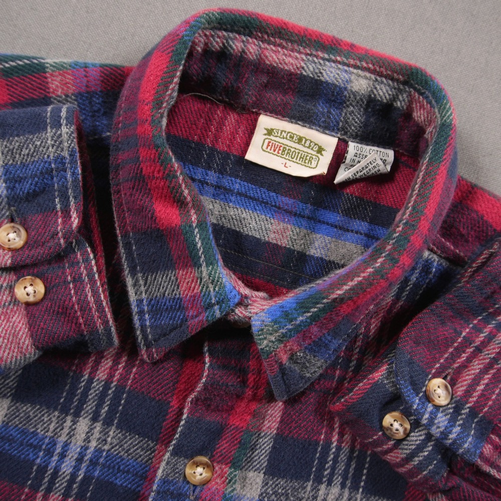 Vintage Five Brother Plaid Flannel Heavyweight Cotton Flannel Men Shirt L